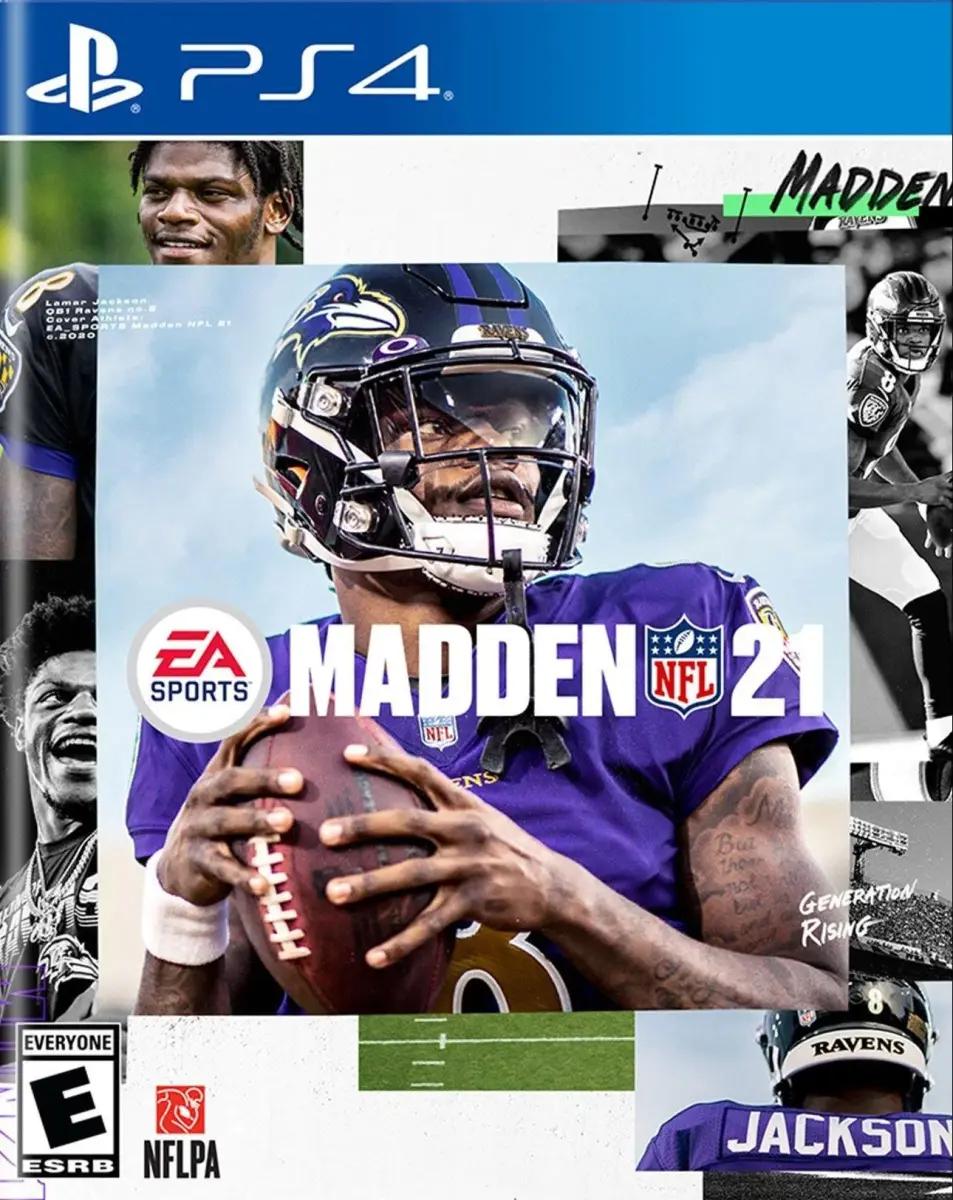 Lamar Jackson looks left and readies a throw on the Madden 21 cover.